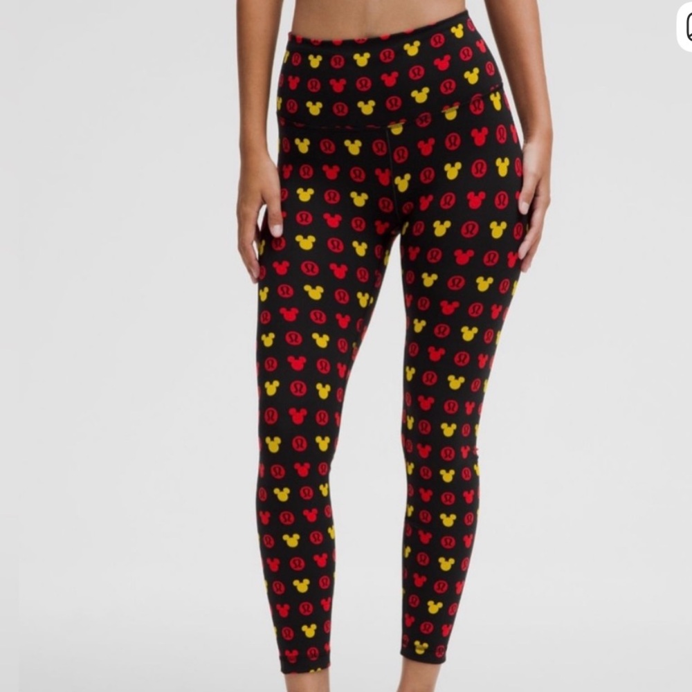Lululemon black wunder Leggings with Red and Yellow Mickey Mouse Print